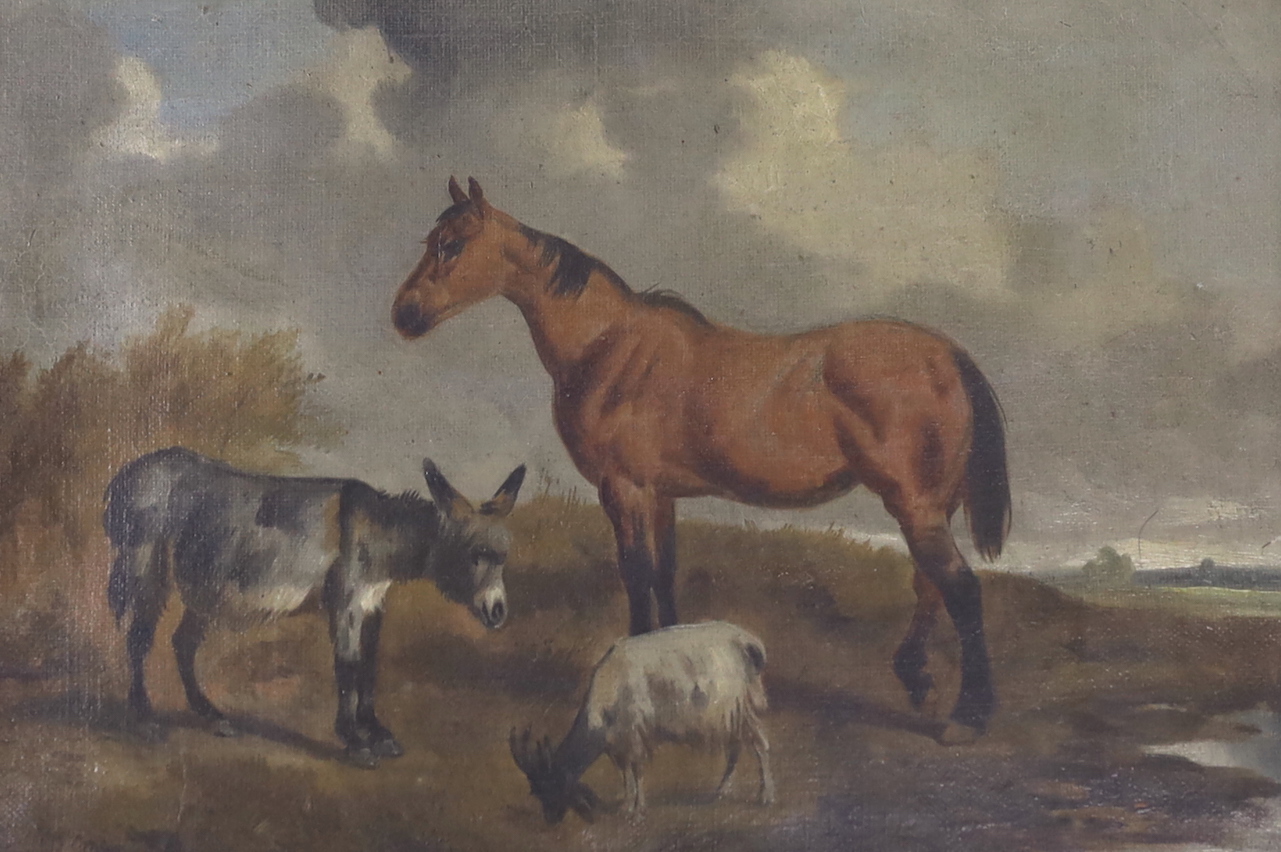 After George Morland, 19th century pastoral scenes, one with a trio of cattle beside a lake, the other with a hors, donkey and goat, pair of oils on canvas, each monogrammed, framed, 24 x 34cm